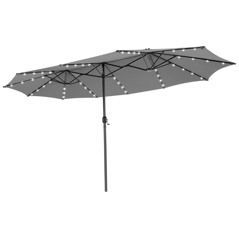 15FT Double-Sided Patio Umbrella with 48 Solar LED Lights & Crank, 12 Ribs Large Outdoor Market Umbrella for Poolside, Garden & Backyard