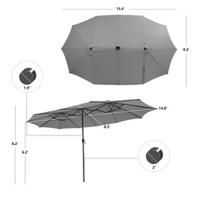 15FT Double-Sided Patio Umbrella with 48 Solar LED Lights & Crank, 12 Ribs Large Outdoor Market Umbrella for Poolside, Garden & Backyard