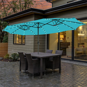 15FT Double-Sided Patio Umbrella with 48 Solar LED Lights & Crank, 12 Ribs Large Outdoor Market Umbrella for Poolside, Garden & Backyard