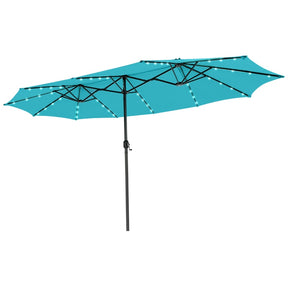 15FT Double-Sided Patio Umbrella with 48 Solar LED Lights & Crank, 12 Ribs Large Outdoor Market Umbrella for Poolside, Garden & Backyard