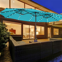 15FT Double-Sided Patio Umbrella with 48 Solar LED Lights & Crank, 12 Ribs Large Outdoor Market Umbrella for Poolside, Garden & Backyard