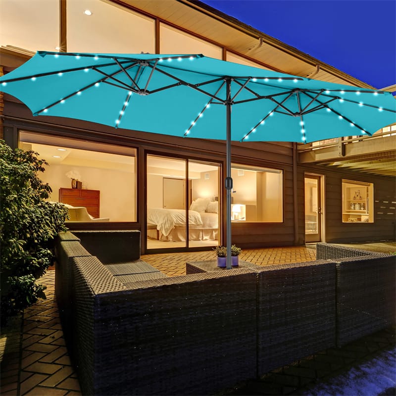 15FT Double-Sided Patio Umbrella with 48 Solar LED Lights & Crank, 12 Ribs Large Outdoor Market Umbrella for Poolside, Garden & Backyard