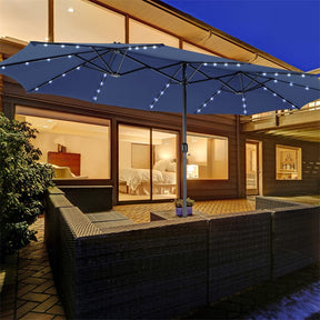 15FT Double-Sided Patio Umbrella with 48 Solar LED Lights & Crank, 12 Ribs Large Outdoor Market Umbrella for Poolside, Garden & Backyard