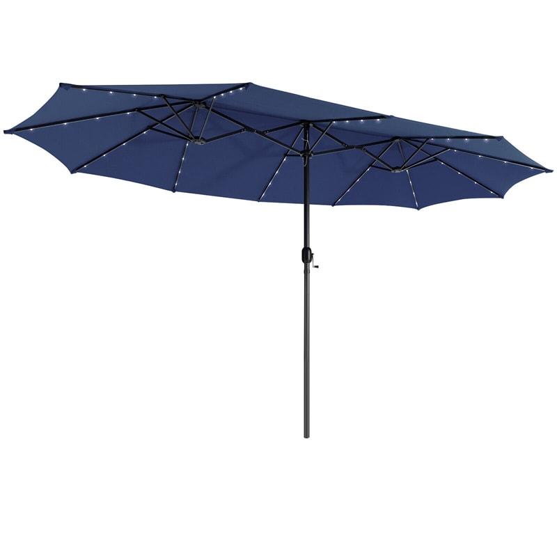 15FT Double-Sided Patio Umbrella with 48 Solar LED Lights & Crank, 12 Ribs Large Outdoor Market Umbrella for Poolside, Garden & Backyard