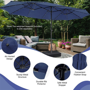 15FT Double-Sided Patio Umbrella with 48 Solar LED Lights & Crank, 12 Ribs Large Outdoor Market Umbrella for Poolside, Garden & Backyard