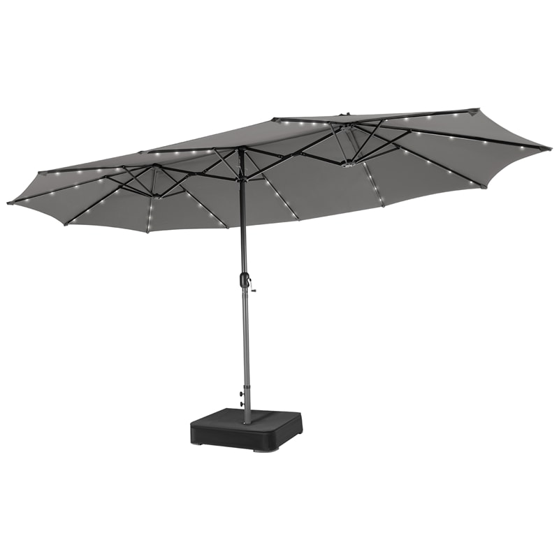 15 FT Double-Sided Patio Umbrella with 48 Solar Lights, Extra-Large Outdoor Twin Market Umbrella with Base