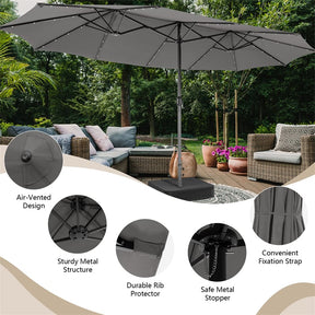 15 FT Double-Sided Patio Umbrella with 48 Solar Lights, Extra-Large Outdoor Twin Market Umbrella with Base