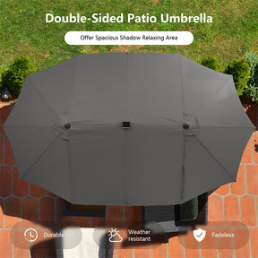 15 FT Double-Sided Patio Umbrella with 48 Solar Lights, Extra-Large Outdoor Twin Market Umbrella with Base