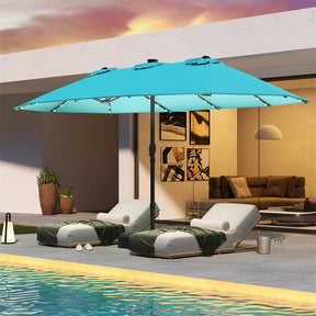 15 FT Double-Sided Patio Umbrella with 48 Solar Lights, Extra-Large Outdoor Twin Market Umbrella with Base