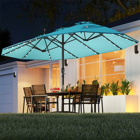 15 FT Double-Sided Patio Umbrella with 48 Solar Lights, Extra-Large Outdoor Twin Market Umbrella with Base