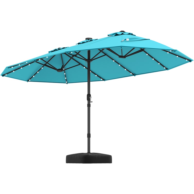15 FT Double-Sided Patio Umbrella with 48 Solar Lights, Extra-Large Outdoor Twin Market Umbrella with Base