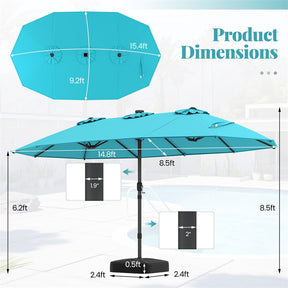 15 FT Double-Sided Patio Umbrella with 48 Solar Lights, Extra-Large Outdoor Twin Market Umbrella with Base