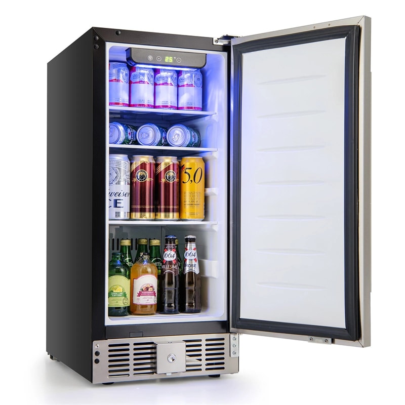 15 Inch Beverage Refrigerator, Built-in/Freestanding Undercounter Drink Fridge Cooler with Stainless Steel Door & Removable Shelves for Soda Beer Wine