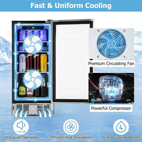 15 Inch Beverage Refrigerator, Built-in/Freestanding Undercounter Drink Fridge Cooler with Stainless Steel Door & Removable Shelves for Soda Beer Wine