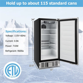 15 Inch Beverage Refrigerator, Built-in/Freestanding Undercounter Drink Fridge Cooler with Stainless Steel Door & Removable Shelves for Soda Beer Wine