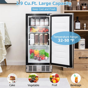 15 Inch Beverage Refrigerator, Built-in/Freestanding Undercounter Drink Fridge Cooler with Stainless Steel Door & Removable Shelves for Soda Beer Wine