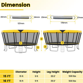 16FT Outdoor Trampoline, ASTM Approved Recreational Trampoline with Safety Enclosure Net & Ladder, 500LBS Weight Capacity for Kids Adults Backyard