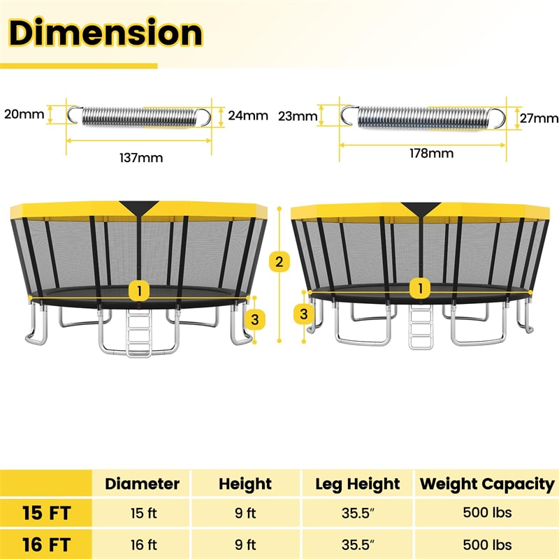 16FT Outdoor Trampoline, ASTM Approved Recreational Trampoline with Safety Enclosure Net & Ladder, 500LBS Weight Capacity for Kids Adults Backyard