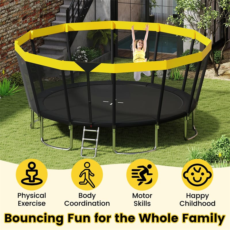 16FT Outdoor Trampoline, ASTM Approved Recreational Trampoline with Safety Enclosure Net & Ladder, 500LBS Weight Capacity for Kids Adults Backyard