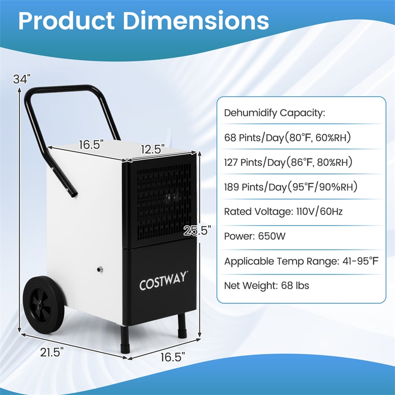 189 Pints Commercial Dehumidifier, 7,500 Sq.Ft Industrial Dehumidifier with Pump, 3.3Ft Drain Hose & Wheels for Basement, Warehouse, Job Sites