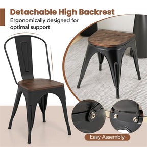 Set of 4 Industrial Vintage Stackable Metal Chairs, 18" Counter Bar Dining Chairs with High Backrest & Wood Seat for Home Kitchen Cafe Bar