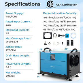 192 PPD Commercial Dehumidifier, 2600 Sq.Ft Crawl Space Dehumidifier with Drain Hose, Auto Defrost, 3 Modes & 24H Timer for Basement, Warehouse