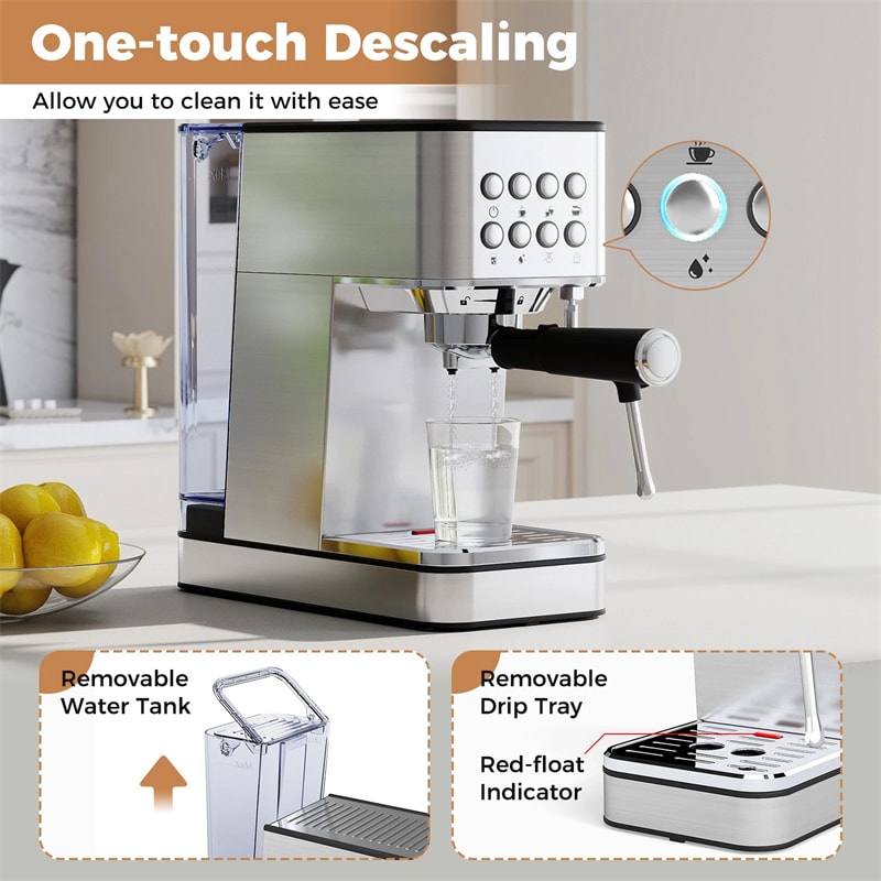 20 Bar Espresso Machine, Compact Stainless Steel Coffee Maker with Milk Frother, 57oz Water Tank & Hot Water for Latte, Cappuccino & Cold Brew