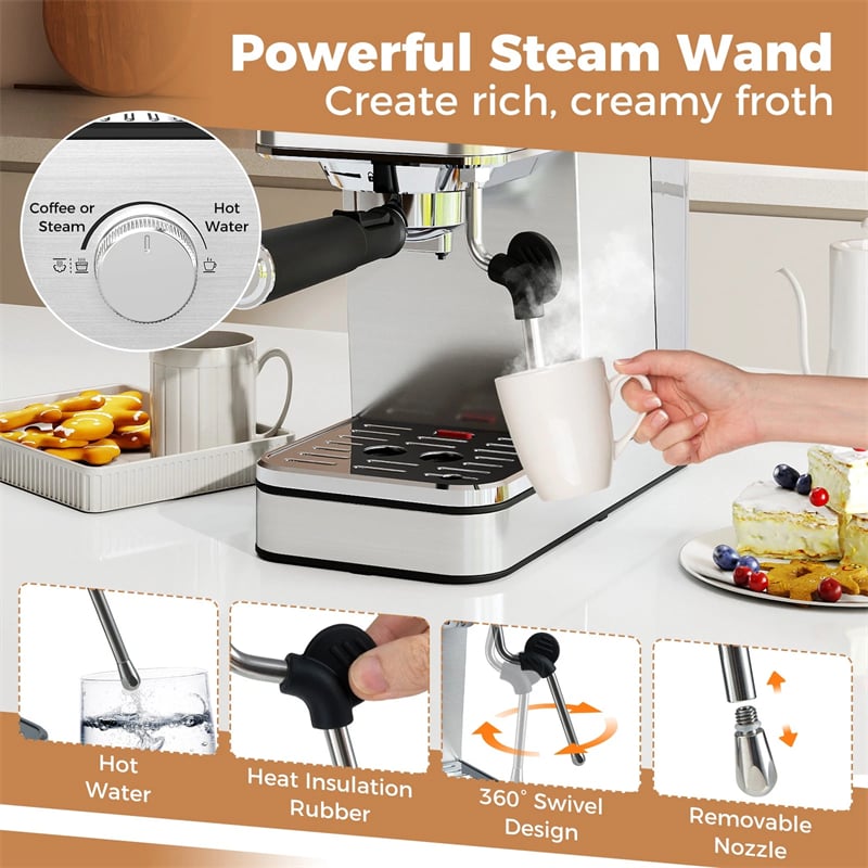 20 Bar Espresso Machine, Compact Stainless Steel Coffee Maker with Milk Frother, 57oz Water Tank & Hot Water for Latte, Cappuccino & Cold Brew