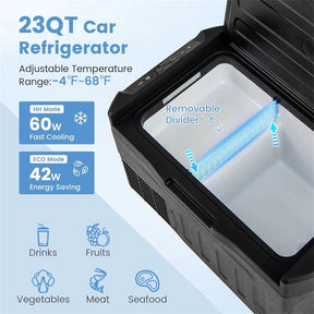 23/32/42QT Portable Car Refrigerator with -4°F~68°F Adjustable Range, 12V/24V DC 100-240V AC Electric Car Cooler Freezer for Camping, RV, Travel