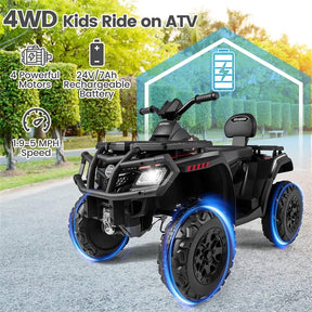 24V 2-Seater Kids ATV with 4 Motors, Soft Start, Spring Suspension & LED Lights, Electric 4 Wheeler Quad Ride On Toy for Boys Girls Ages 3-8