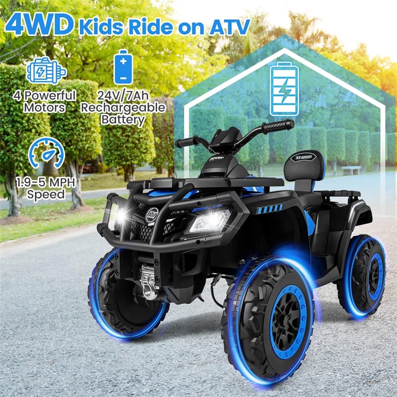24V 2-Seater Kids ATV with 4 Motors, Soft Start, Spring Suspension & LED Lights, Electric 4 Wheeler Quad Ride On Toy for Boys Girls Ages 3-8