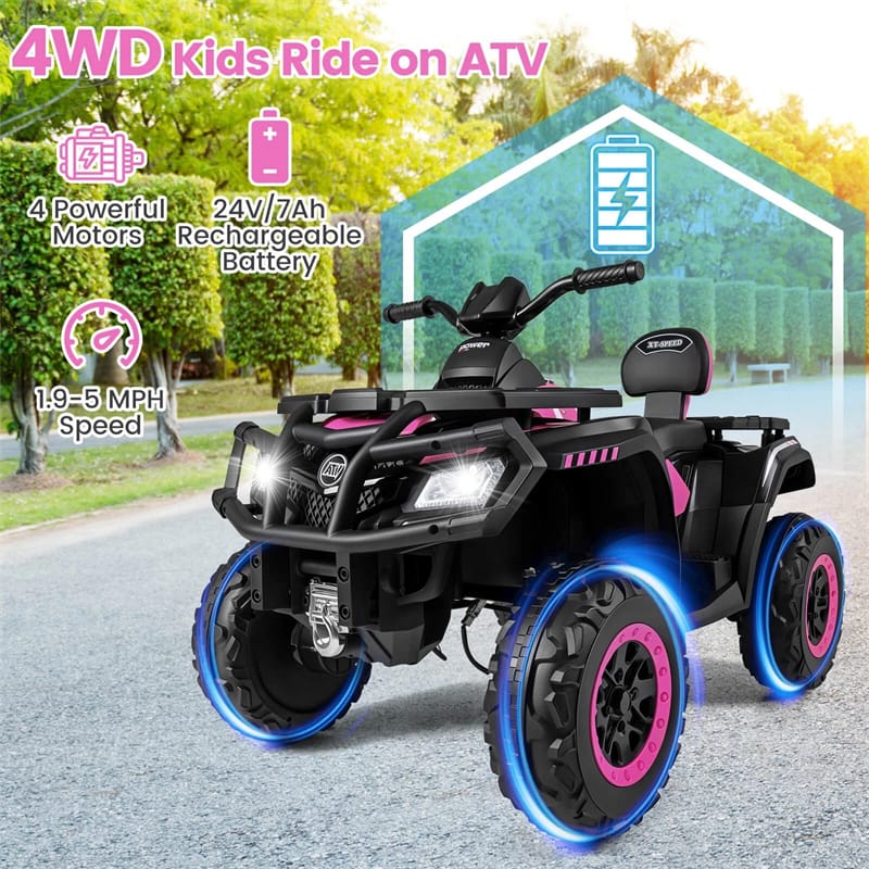 24V 2-Seater Kids ATV with 4 Motors, Soft Start, Spring Suspension & LED Lights, Electric 4 Wheeler Quad Ride On Toy for Boys Girls Ages 3-8
