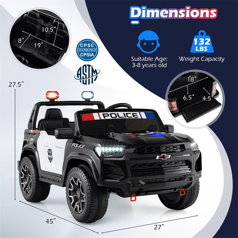 24V 4WD 2-Seater Police Ride on Car, Licensed Chevrolet Kids Electric Vehicle with Remote Control, Megaphone, Siren, Flashing LED Lights & Storage