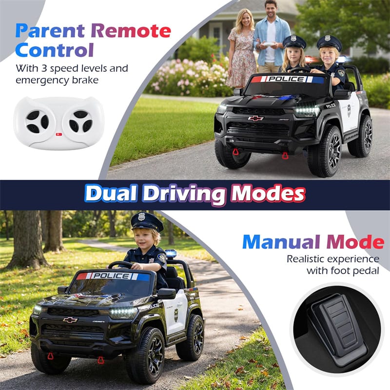 24V 4WD 2-Seater Police Ride on Car, Licensed Chevrolet Kids Electric Vehicle with Remote Control, Megaphone, Siren, Flashing LED Lights & Storage
