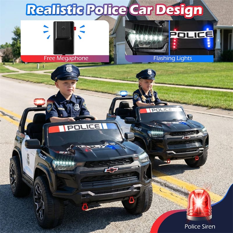 24V 4WD 2-Seater Police Ride on Car, Licensed Chevrolet Kids Electric Vehicle with Remote Control, Megaphone, Siren, Flashing LED Lights & Storage