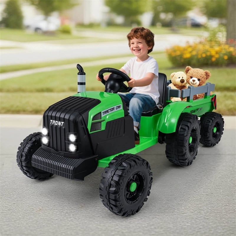 24V Ride On Tractor with Detachable Trailer & Remote Control, Kids Electric Vehicle with 3 Speeds, 15° Climbing & Music for Ages 3+