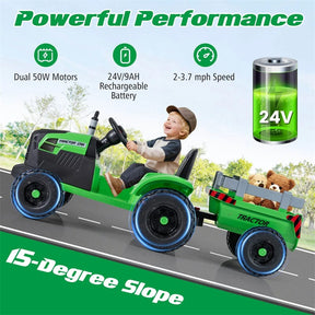 24V Ride On Tractor with Detachable Trailer & Remote Control, Kids Electric Vehicle with 3 Speeds, 15° Climbing & Music for Ages 3+