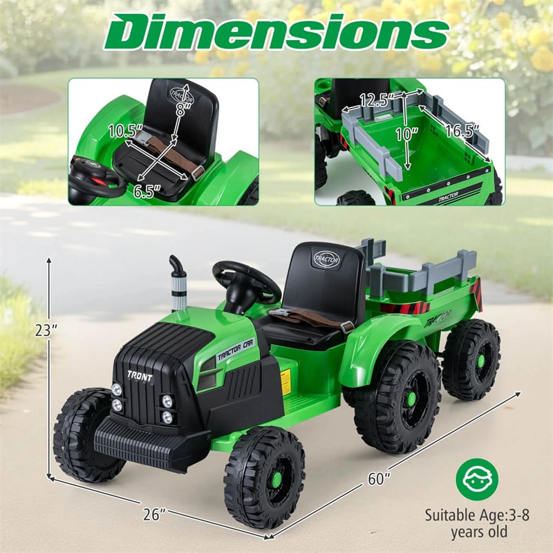 24V Ride On Tractor with Detachable Trailer & Remote Control, Kids Electric Vehicle with 3 Speeds, 15° Climbing & Music for Ages 3+