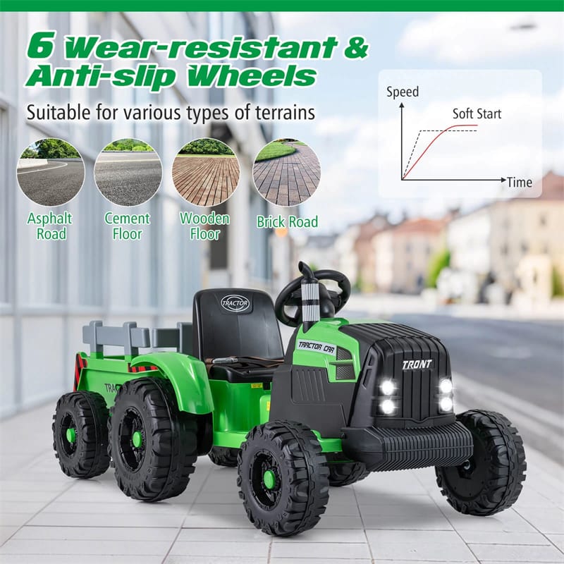 24V Ride On Tractor with Detachable Trailer & Remote Control, Kids Electric Vehicle with 3 Speeds, 15° Climbing & Music for Ages 3+
