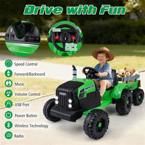 24V Ride On Tractor with Detachable Trailer & Remote Control, Kids Electric Vehicle with 3 Speeds, 15° Climbing & Music for Ages 3+