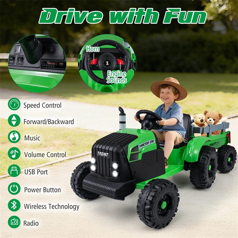 24V Ride On Tractor with Detachable Trailer & Remote Control, Kids Electric Vehicle with 3 Speeds, 15° Climbing & Music for Ages 3+