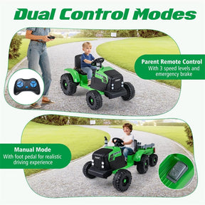 24V Ride On Tractor with Detachable Trailer & Remote Control, Kids Electric Vehicle with 3 Speeds, 15° Climbing & Music for Ages 3+