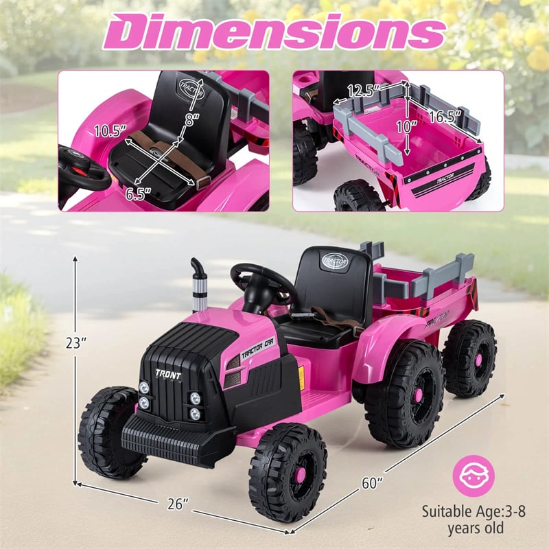 24V Ride On Tractor with Detachable Trailer & Remote Control, Kids Electric Vehicle with 3 Speeds, 15° Climbing & Music for Ages 3+