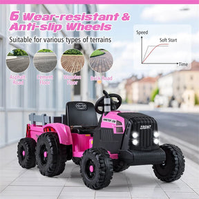 24V Ride On Tractor with Detachable Trailer & Remote Control, Kids Electric Vehicle with 3 Speeds, 15° Climbing & Music for Ages 3+