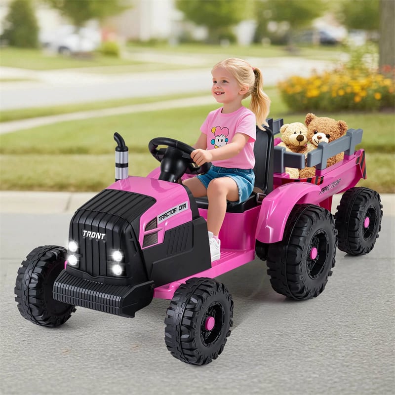 24V Ride On Tractor with Detachable Trailer & Remote Control, Kids Electric Vehicle with 3 Speeds, 15° Climbing & Music for Ages 3+