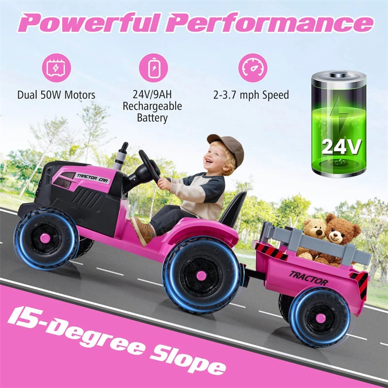 24V Ride On Tractor with Detachable Trailer & Remote Control, Kids Electric Vehicle with 3 Speeds, 15° Climbing & Music for Ages 3+