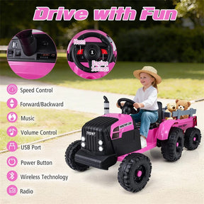24V Ride On Tractor with Detachable Trailer & Remote Control, Kids Electric Vehicle with 3 Speeds, 15° Climbing & Music for Ages 3+