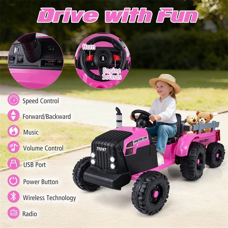 24V Ride On Tractor with Detachable Trailer & Remote Control, Kids Electric Vehicle with 3 Speeds, 15° Climbing & Music for Ages 3+