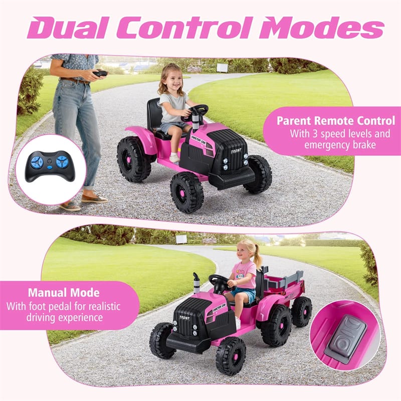 24V Ride On Tractor with Detachable Trailer & Remote Control, Kids Electric Vehicle with 3 Speeds, 15° Climbing & Music for Ages 3+