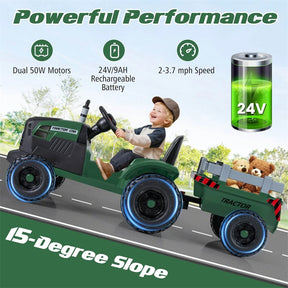 24V Ride On Tractor with Detachable Trailer & Remote Control, Kids Electric Vehicle with 3 Speeds, 15° Climbing & Music for Ages 3+